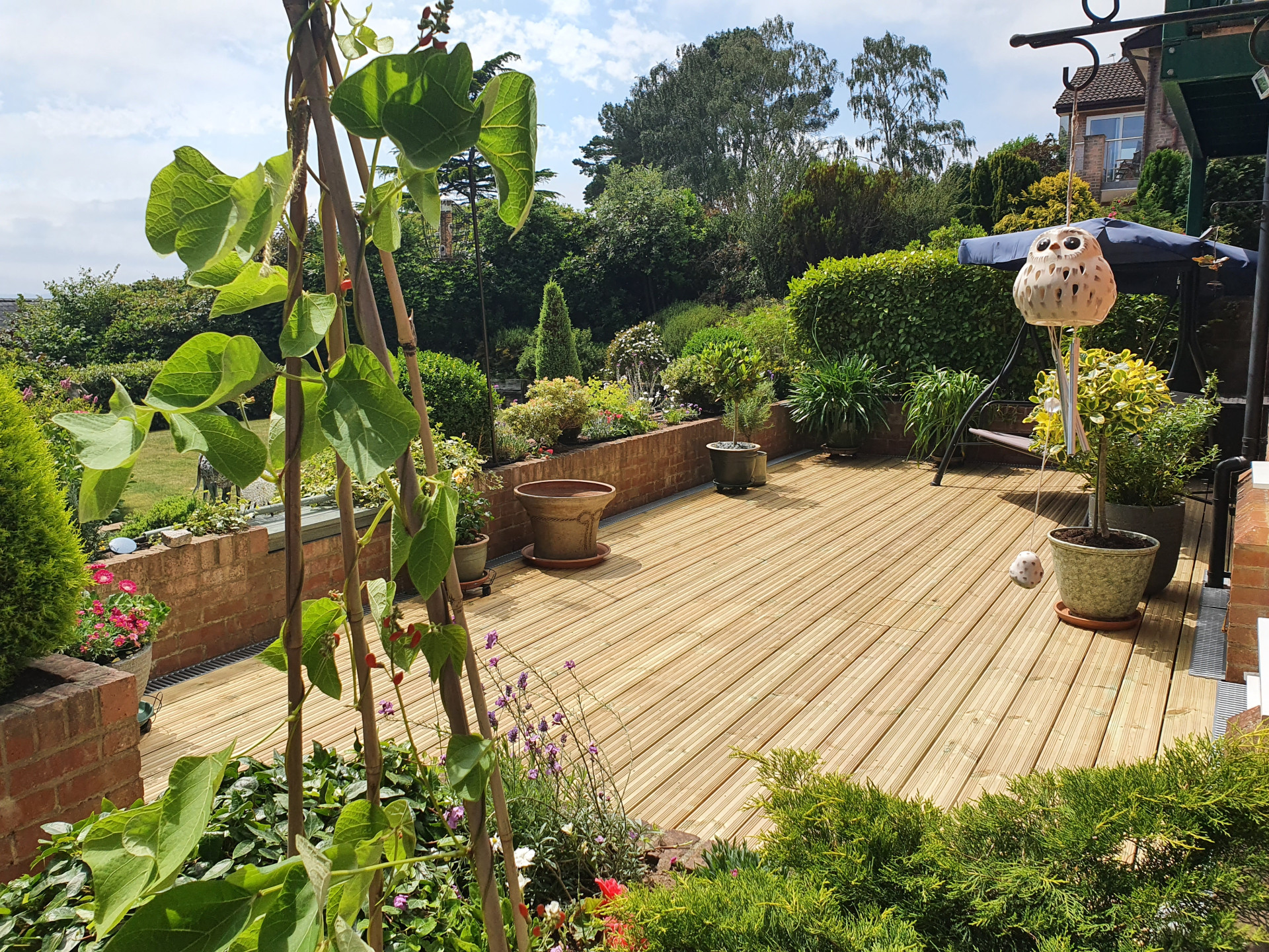 Softwood timber decking installed in a residential garden